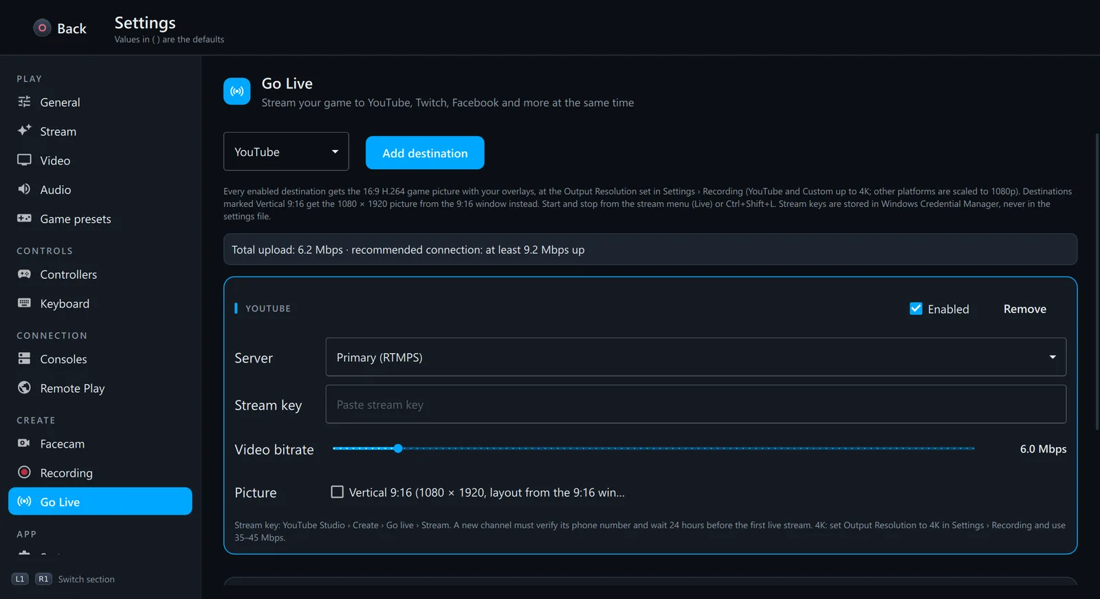 Go Live settings with several destinations